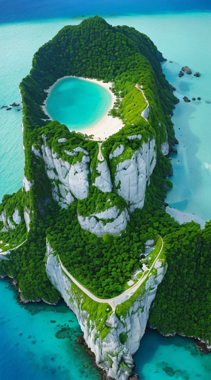 Island shaped like a giant human face with lush greenery and turquoise water, illustrating art and creativity using artificial intelligence.