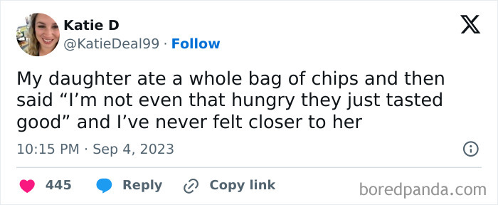 Tweet from Katie D humorously sharing a relatable parenting moment about her daughter's snack choice.