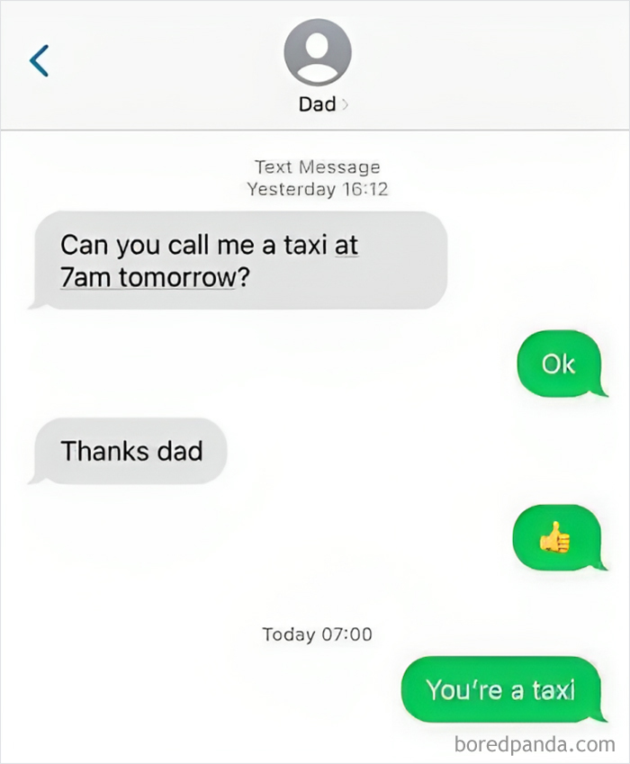 Text message with witty dad joke about calling a taxi.