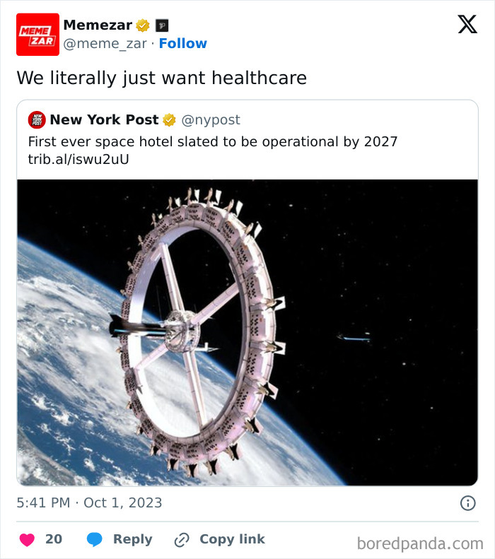 Space hotel meme highlighting relatable healthcare frustrations.