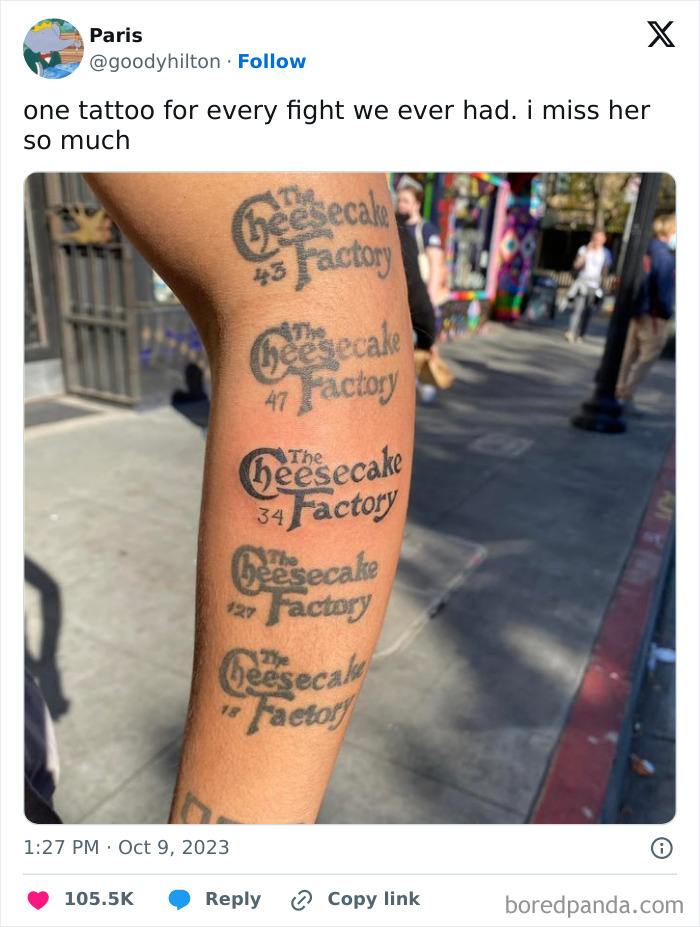 Arm with multiple Cheesecake Factory tattoos, showcasing some of the worst tattoo choices.