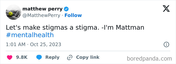 Matthew Perry tweet with Batman reference about stigma and mental health awareness.