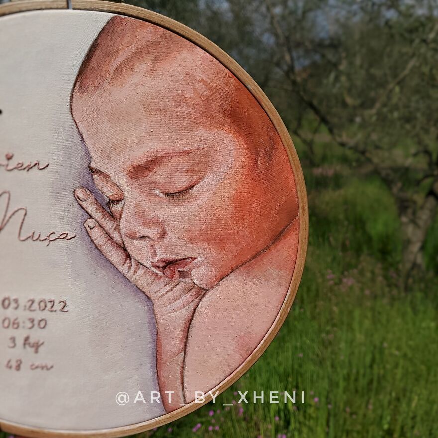 Baby Portrait, Interweaving Between Painting And Embroidery