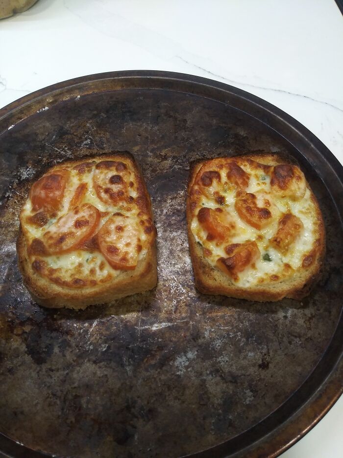Openfaced Sandwich On Homeade Bread. It's Got Garlic Butter, Basil, Fresh Tomatoes, And Provolone