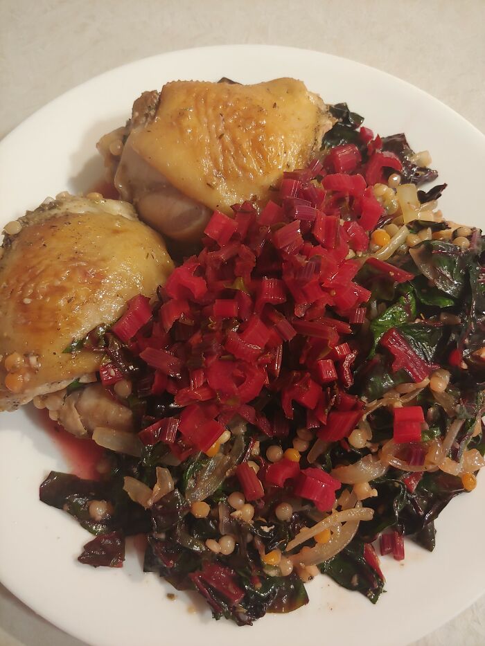 Chicken Thighs, Wilted Chard, Couscous, And Pickled Chard Stems (Inspired By A Tasty Recipe)