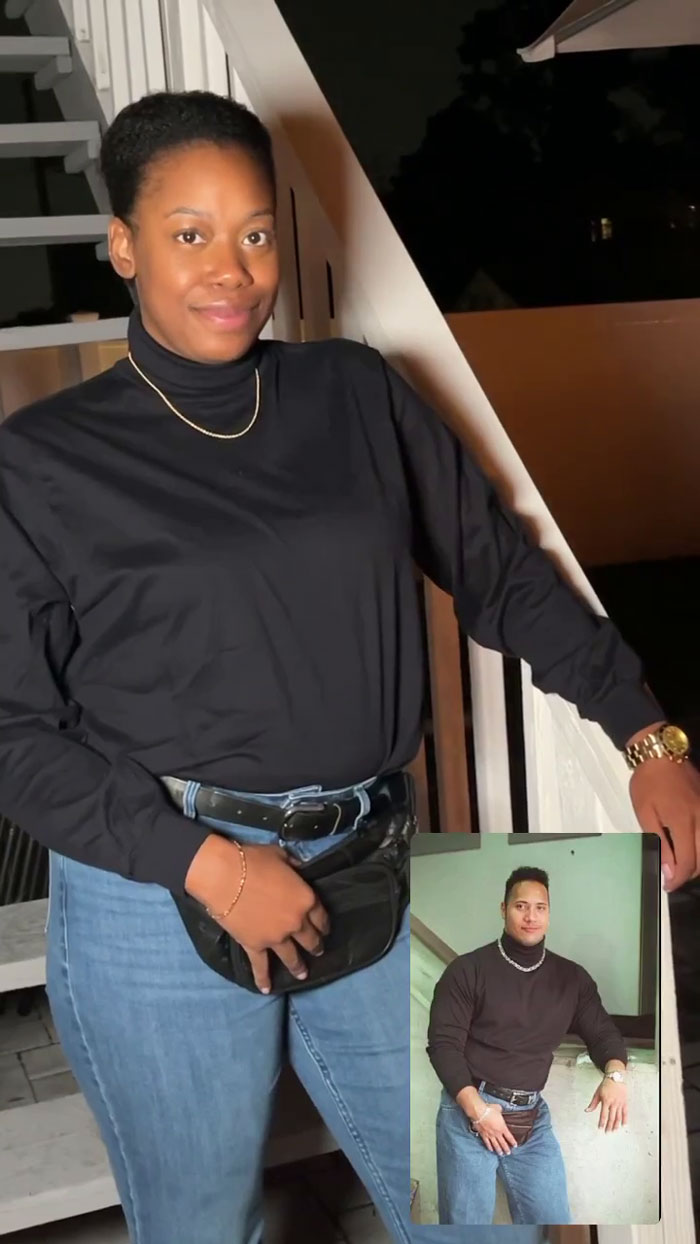 Woman in meme-themed party outfit similar to a famous photo with a black turtleneck and jeans.