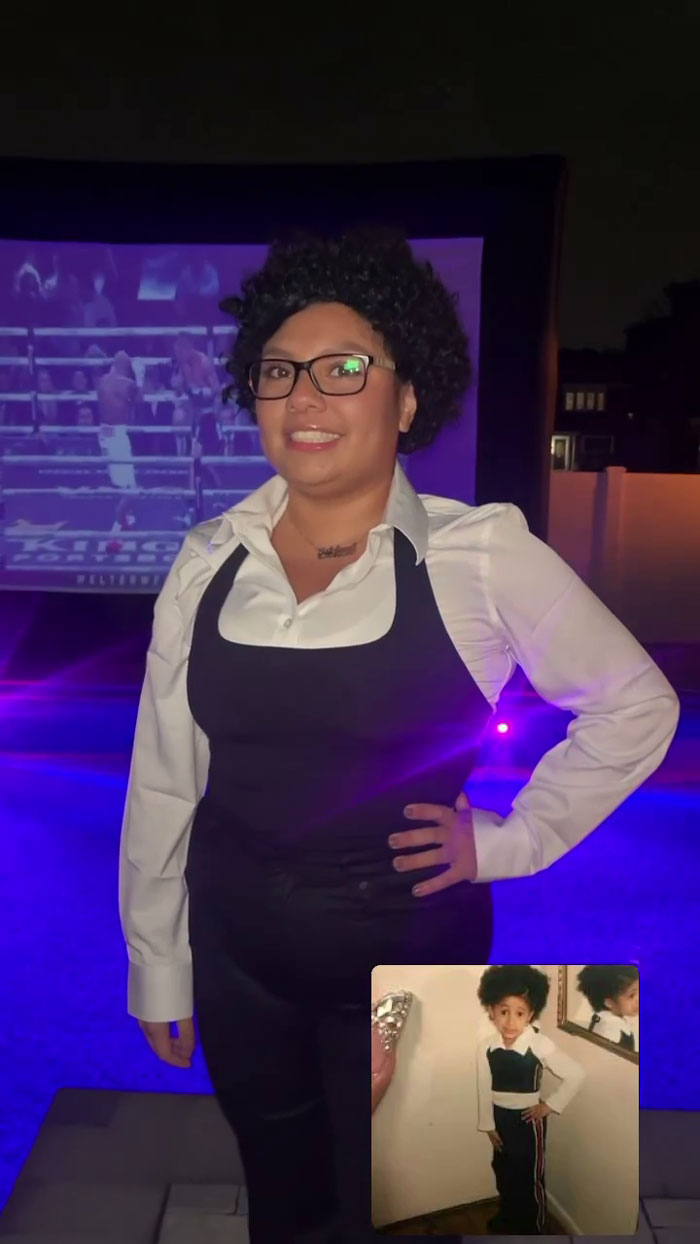 Woman at meme-themed party in costume, with childhood photo mimicry in background.