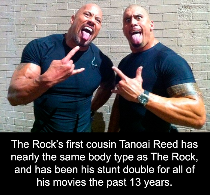 Two muscular men in black shirts posing playfully, illustrating unusual facts about The Rock’s cousin and stunt double.