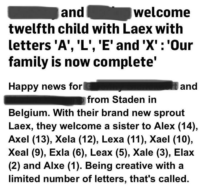Text describing a family welcoming their twelfth child with a unique name, Laex, using creative and painfully bad names.