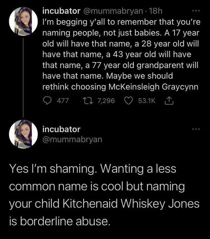 Social media post humorously discussing painfully bad baby names like McKeinsleigh and Kitchenaid Whiskey Jones.