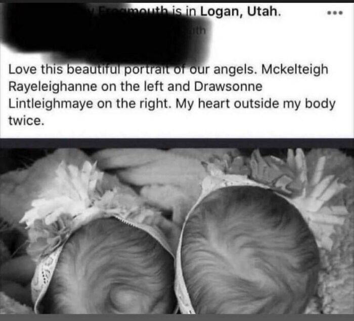 Two babies with unique names, lying side by side, wearing headbands with flowers.