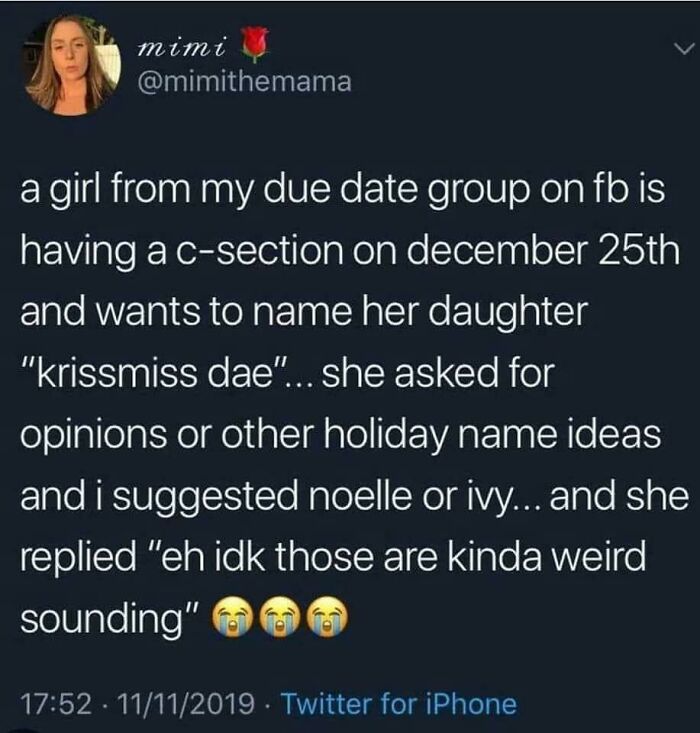 Social media post featuring humorous bad baby name "Krissmiss Dae" discussion.