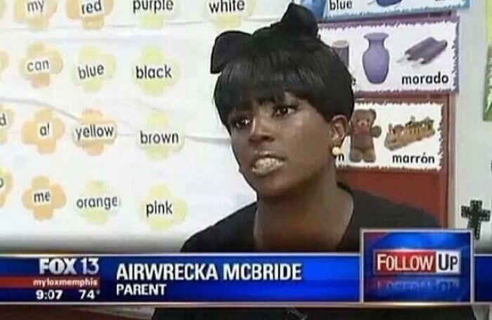 Parent Airwrecka McBride in a news interview discussing unique and unusual baby names.