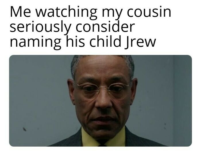 Man looking solemn with text about a cousin considering a unique baby name, Jrew, highlighting bad baby names.