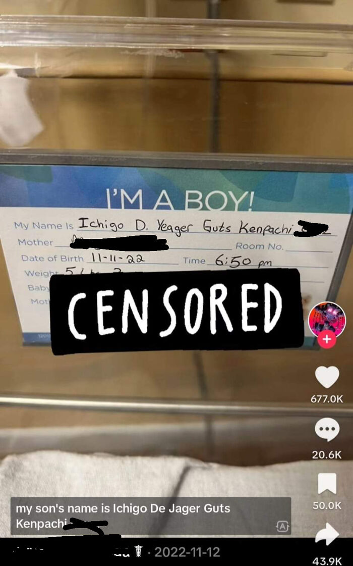 Hospital baby card with a unique name, censored details, social media interaction visible below.