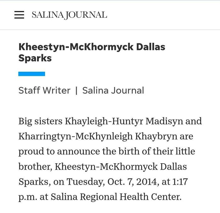 Unique baby name announcement for Kheestyn-McKhormyck Dallas Sparks by Salina Journal.