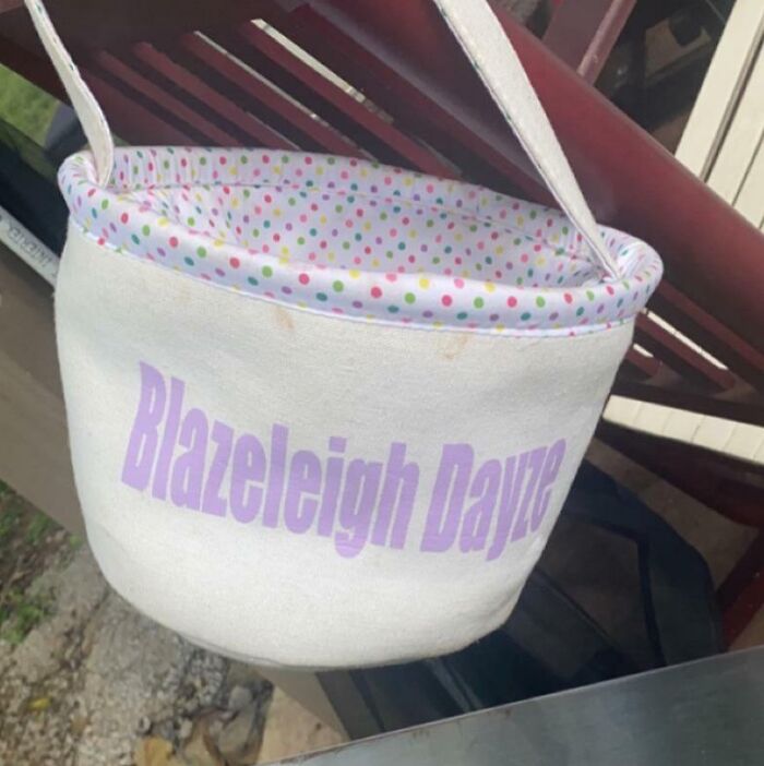 Basket with the name Blazeleigh Dayve, illustrating a unique baby name choice.
