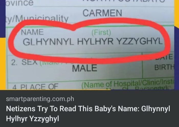 Close-up of a unique and complex baby name, Glyhnyl Hylyhr Yzzyghyl, circled in red on a document.
