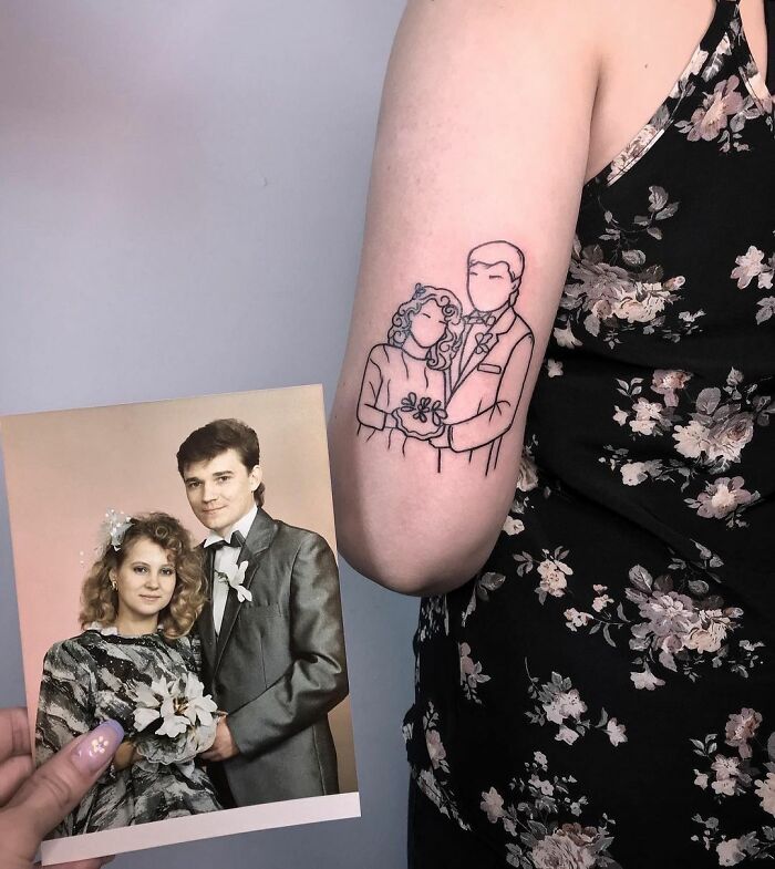 Line art tattoo on arm honors family, inspired by old family photo.
