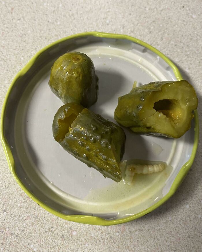 Our Daughter Just Ran Out Into The Hall With Her Friend Screaming. Apparently, They Were Eating Pickles And Noticed A Hole In One So They Cut It Open And Found A Worm