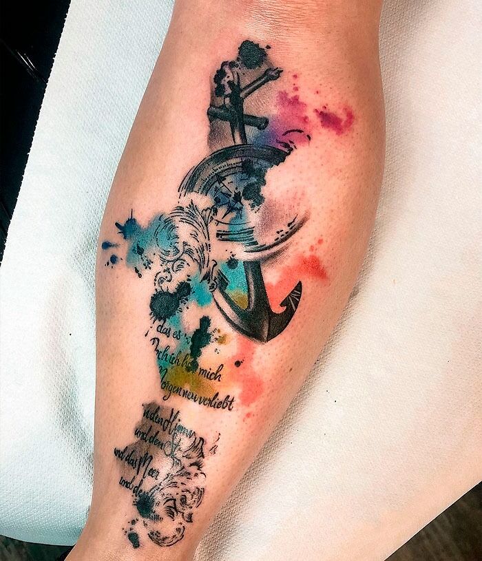 Colorful family memorial tattoo with an anchor and watercolor effects.