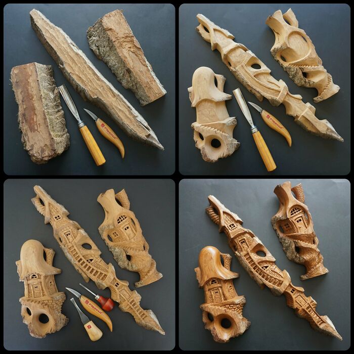 From Cottonwood Bark Chunks To The Finished Carvings - My Latest Whimsical Houses