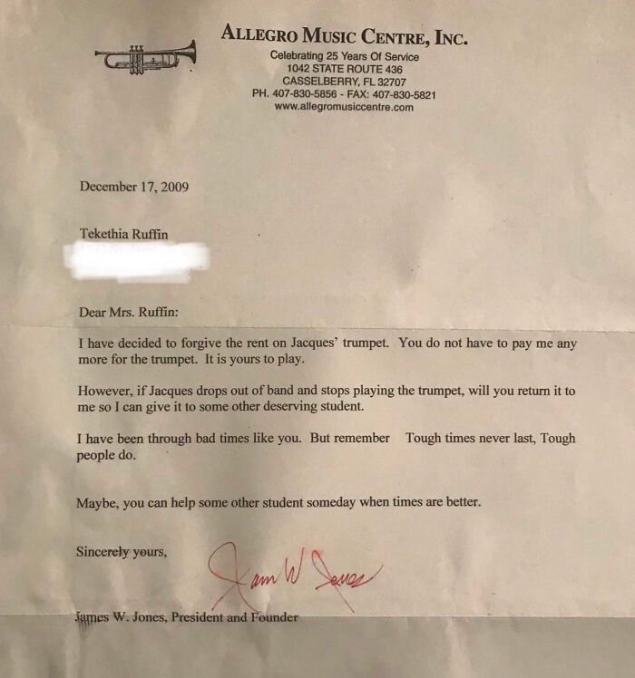 Found An Old Letter Sent To My Mother Who Was Struggling To Make Payments On My Trumpet