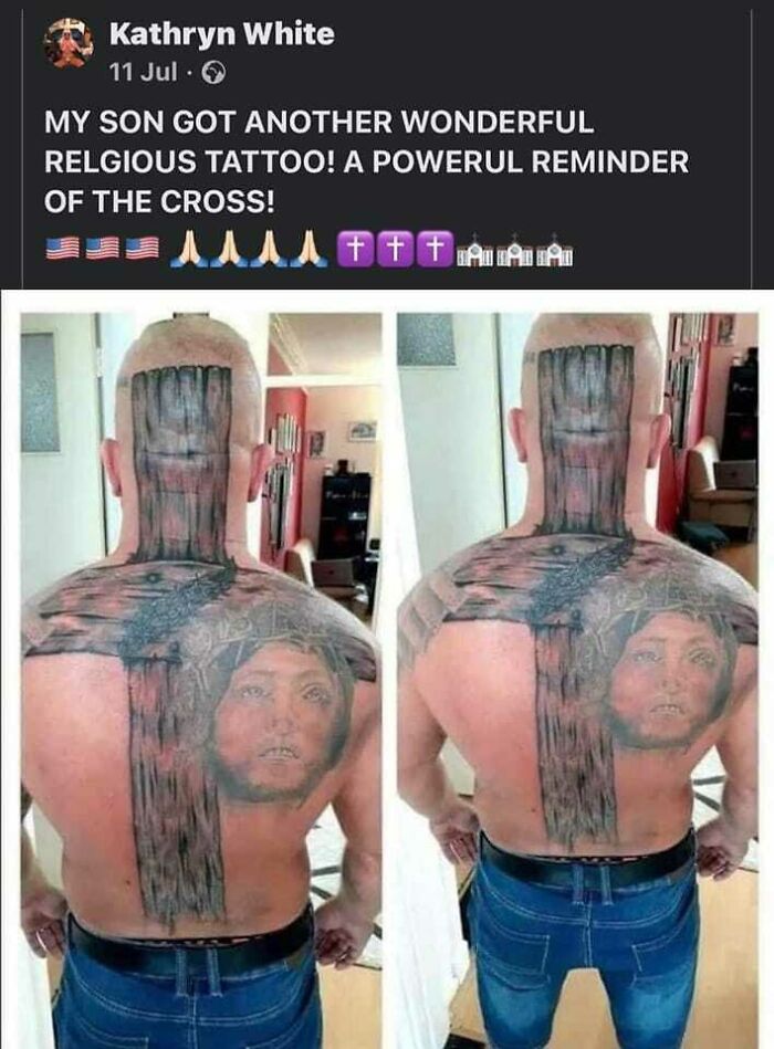 Back tattoo depicting a religious theme with cross, viewed from two angles, highlighting tattoo art style.