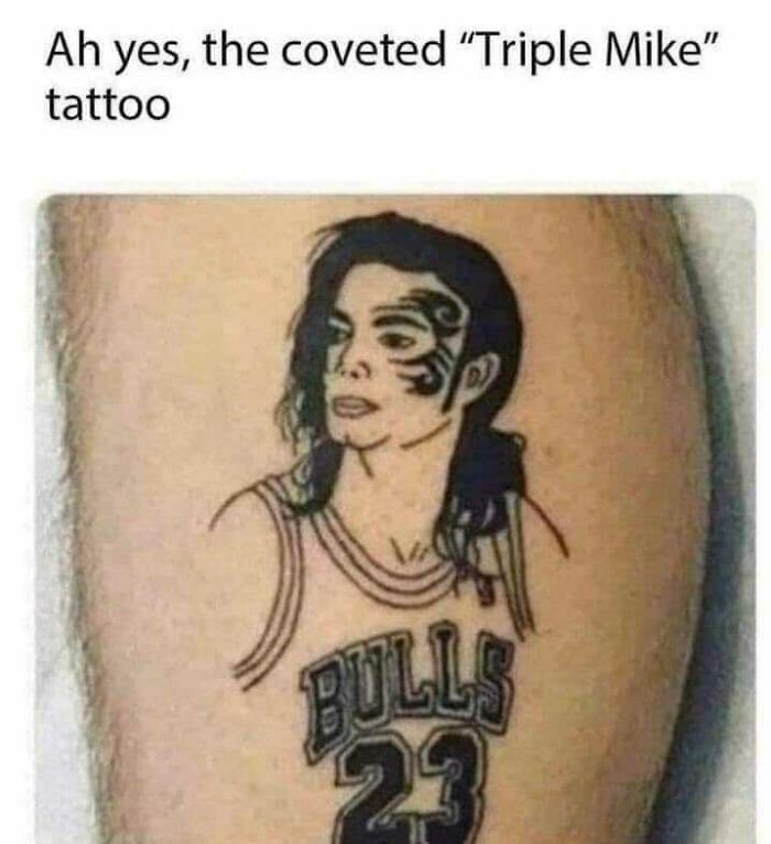 Tattoo of a person in a basketball jersey with "Bulls 23" text, described as a "Triple Mike" tattoo.