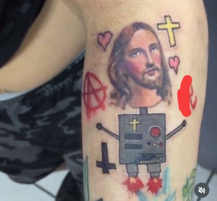 Unusual tattoo design with a portrait, robot, and symbols on an arm, showcasing one of the worst tattoos.