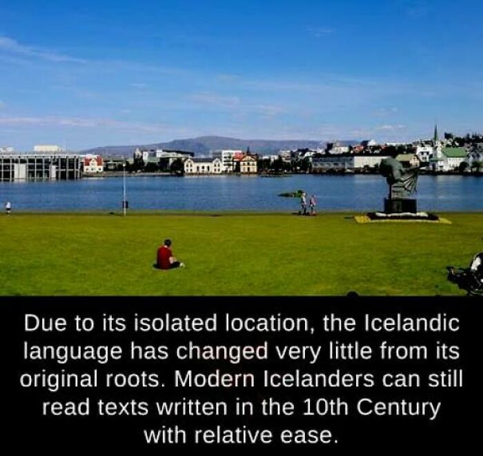 Scenic view of Icelandic landscape with fact about Icelandic language’s minimal change from original roots over centuries.