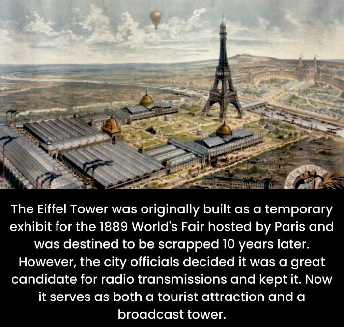 Vintage illustration of the Eiffel Tower at the 1889 World's Fair, highlighting unusual facts and historical information.