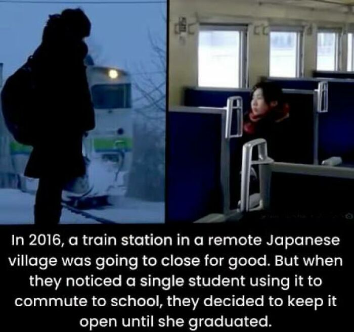 Silhouette of a person waiting by a train in winter and a student commuting on a train, unusual facts about remote villages.