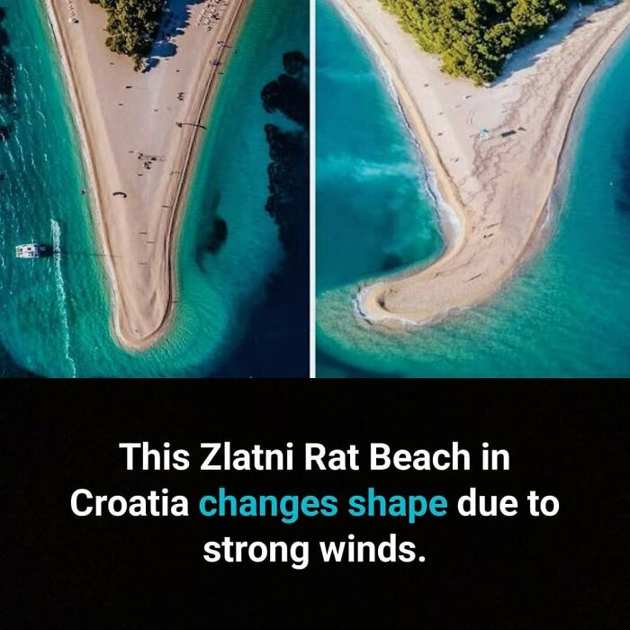 Aerial view of Zlatni Rat beach in Croatia showing unusual facts about its changing shape due to strong winds.