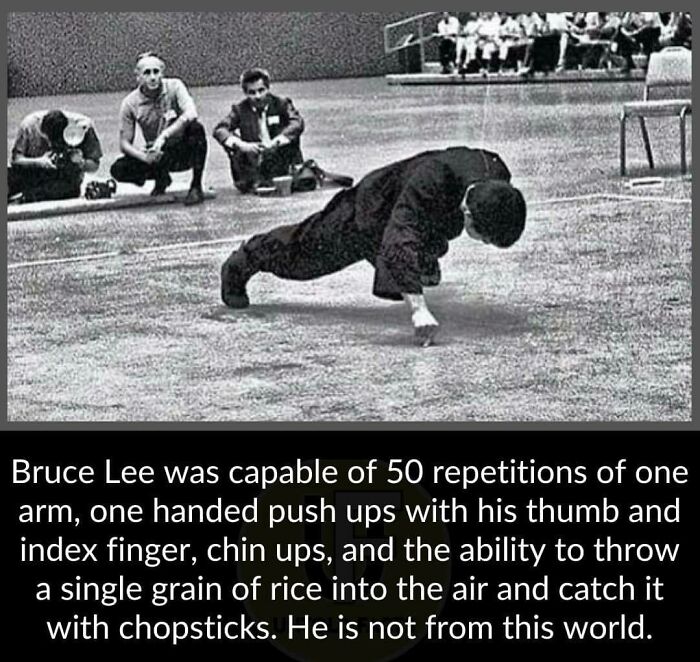 Bruce Lee performing one-handed push-ups, demonstrating unusual facts and impressive physical feats in black and white.