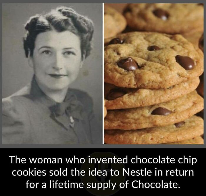 Black and white photo of a woman next to stacked chocolate chip cookies illustrating unusual facts about cookies.