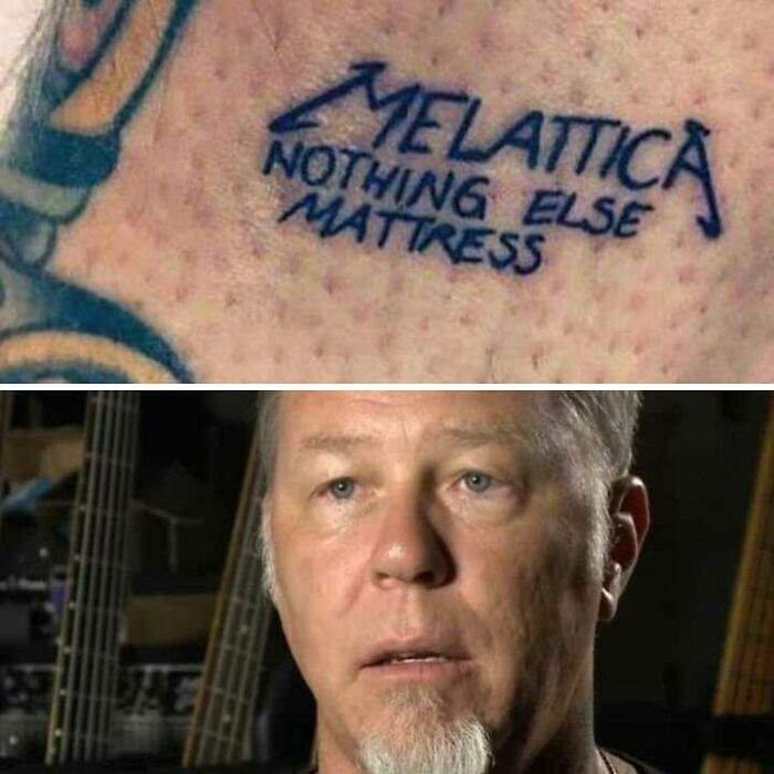 Unfortunate tattoo with misspelled "Metallica" and confused lyrics. Man with white goatee in the background.