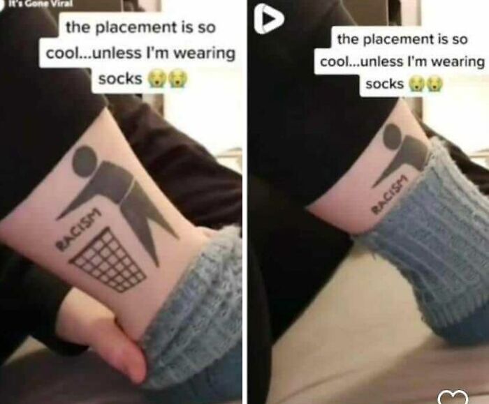 Tattoo depicting a person throwing the word "racism" into a trash can, partially covered by socks.