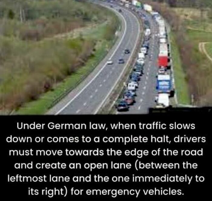 Traffic slowing on German highway with drivers creating an open lane for emergency vehicles, unusual facts about traffic laws.