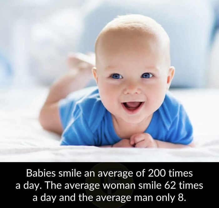 Smiling baby with a fact about average smiles per day, featuring unusual facts and information that may raise eyebrows.