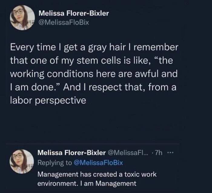 Tweet by Melissa Florer-Bixler humorously highlighting toxic work environment and relatable work memes about challenging work conditions.