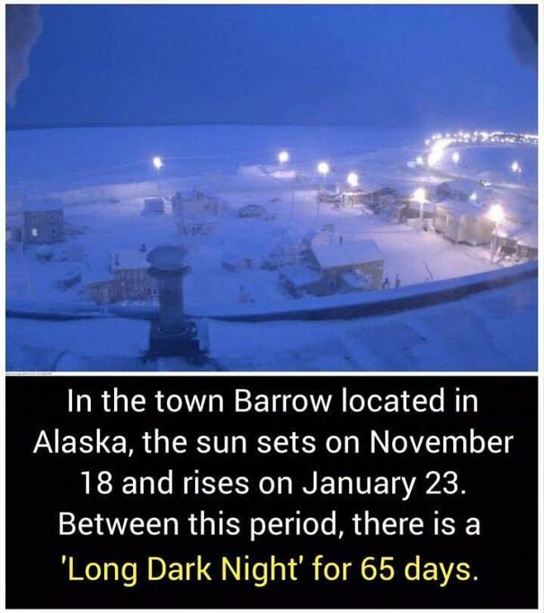 A nighttime view of Barrow, Alaska, illustrating unusual facts about the town's 65-day long dark night period.