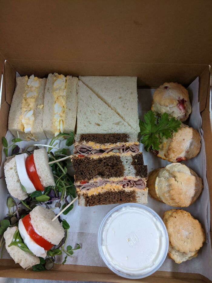 Tea Sandwiches For A Lunch Date. Deviled Egg, Roast Beef/Pimento, And Caprese Mini Sandwiches With Scones And Cream For Dessert. Why Chose One!