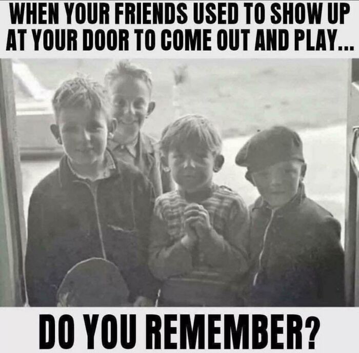 Four boys at a doorstep in vintage photo, evoking nostalgia and humor about aging unexpectedly fast.