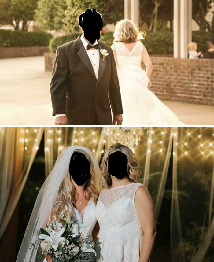 Friends Wedding Photos That Will Never See The Light Of Day. She Asked Everyone Not To Wear Cream, White, Or Black. Sadly She Forgot To Mention You Also Couldn’t Wear A Wedding Dress. Sil Showed Up In A ‘Yellow’ Dress….with A Train!! Bride Is On The Left In The Bottom Photo