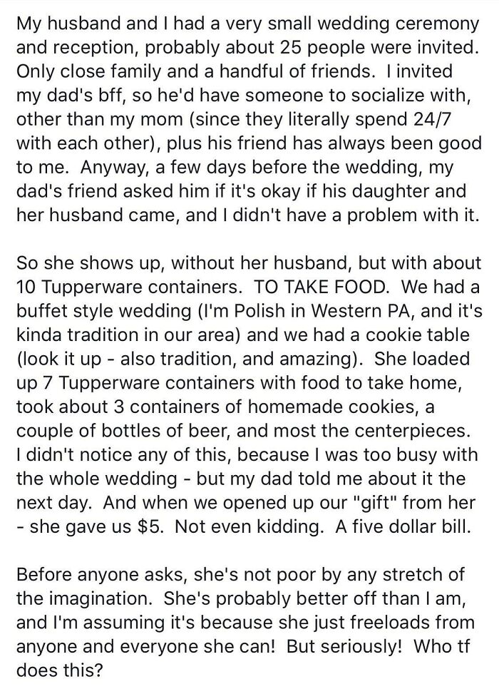 A Guest Filled 7 Tupperware Containers With Food From The Wedding Reception And Gave The Couple 5 USD As A Gift