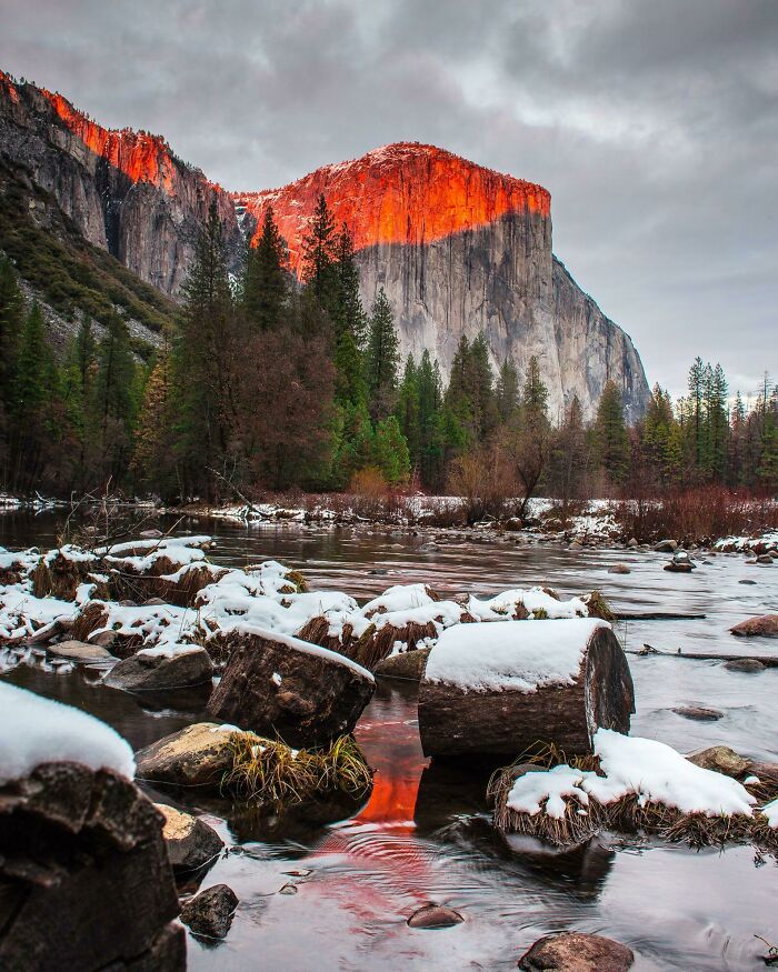 First Snow In Yosemite. El Capitan Getting Lit Up Just Before The Sunsets 