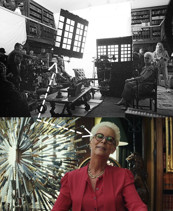 In Knives Out, Matt Mania (Key Grip) Cleverly Sculpted Mattes To Reshape The Lighting Equipment Into Scenery You'd Realistically Expect To See Reflected In The Glasses