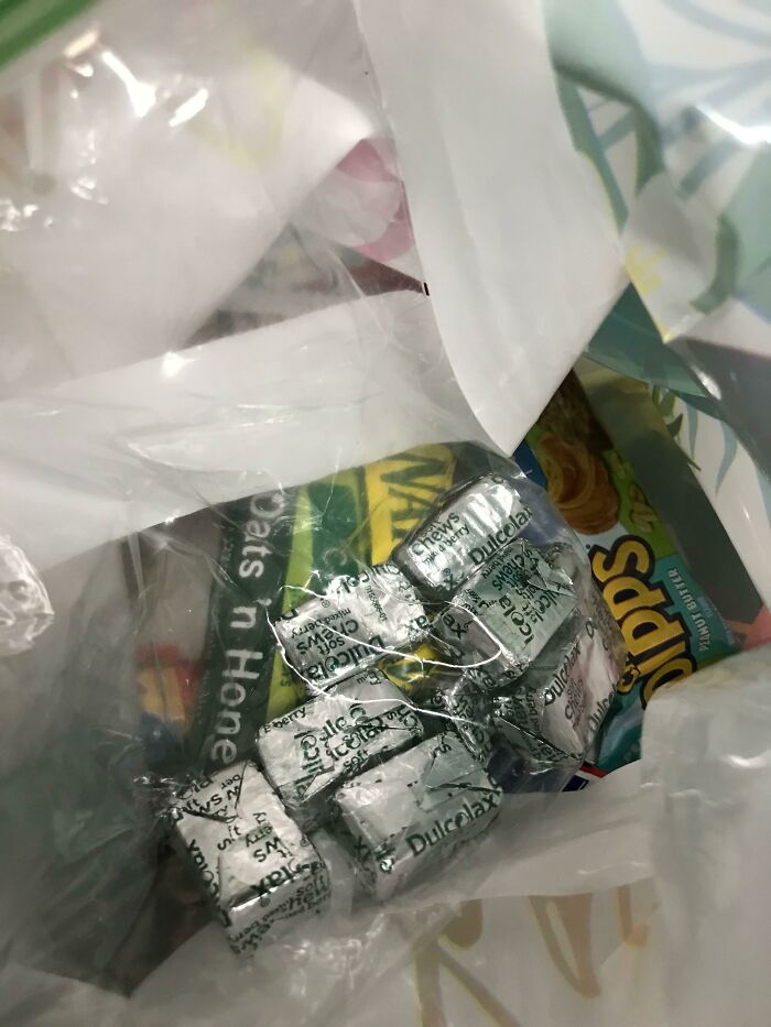 Got A Goody Bag Filled With Candy And Granola Bars From Work For Employee Appreciation Week. They Included A Handful Of Laxatives As Well