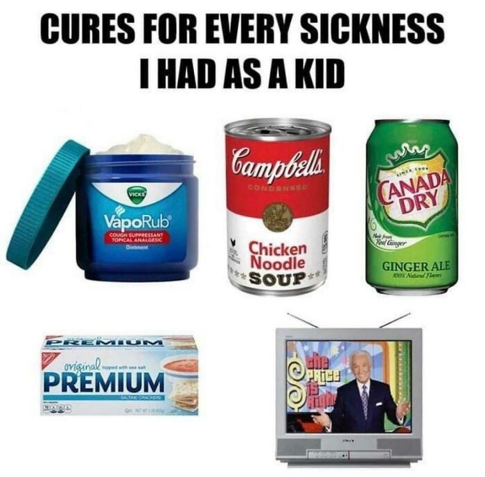 Funny aging meme with VapoRub, chicken soup, ginger ale, crackers, and an old TV showing "The Price Is Right."